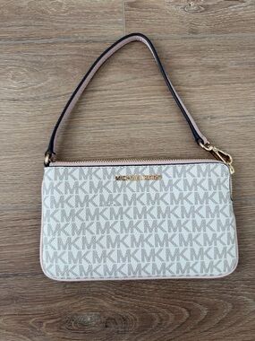 Michael Kors Beige Pink Logo Shoulder Pouch with Gold Hardware